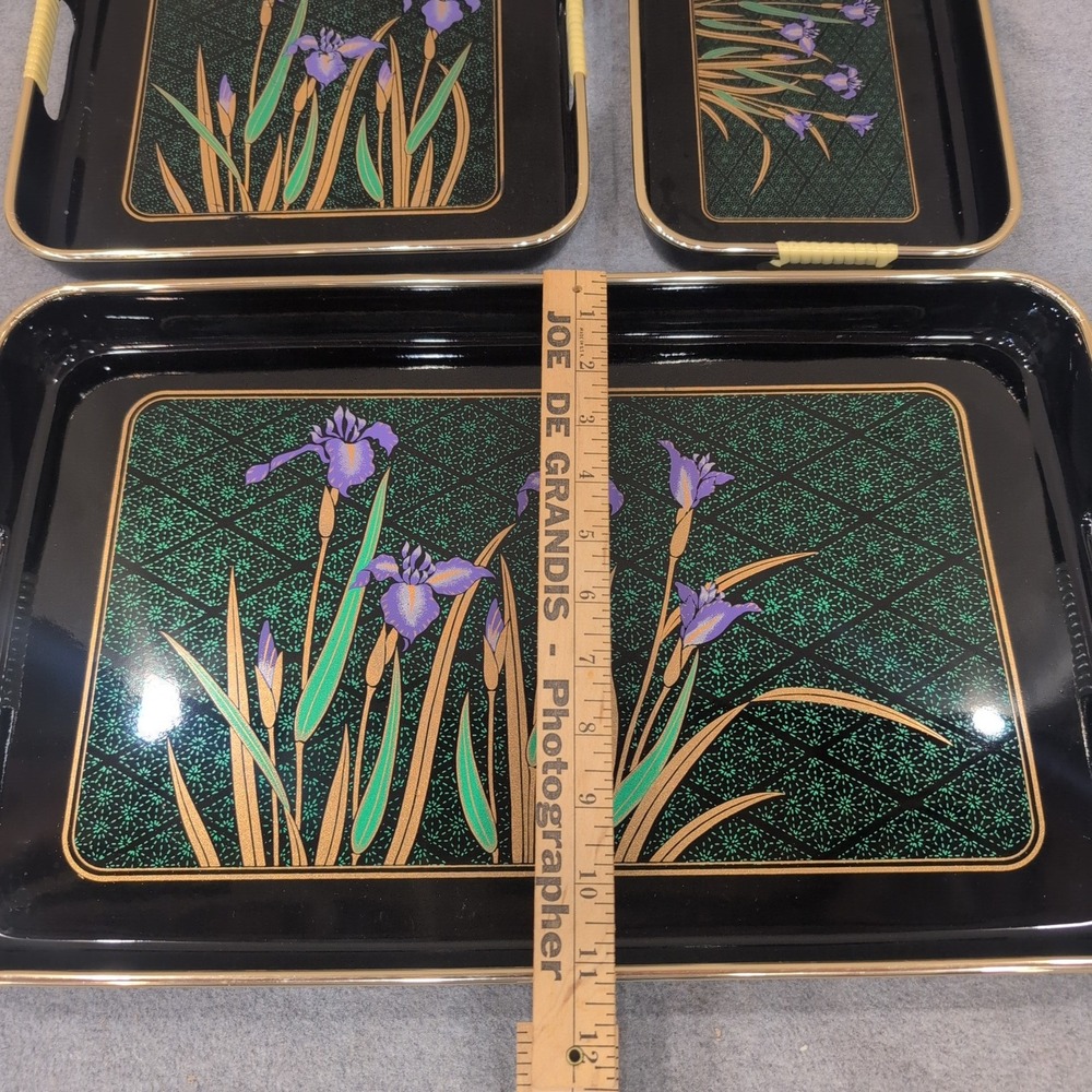 Vintage Japanese Style Black Lacquer Nesting Serving Trays Purple Iris Set of 3 - Picture 6 of 9